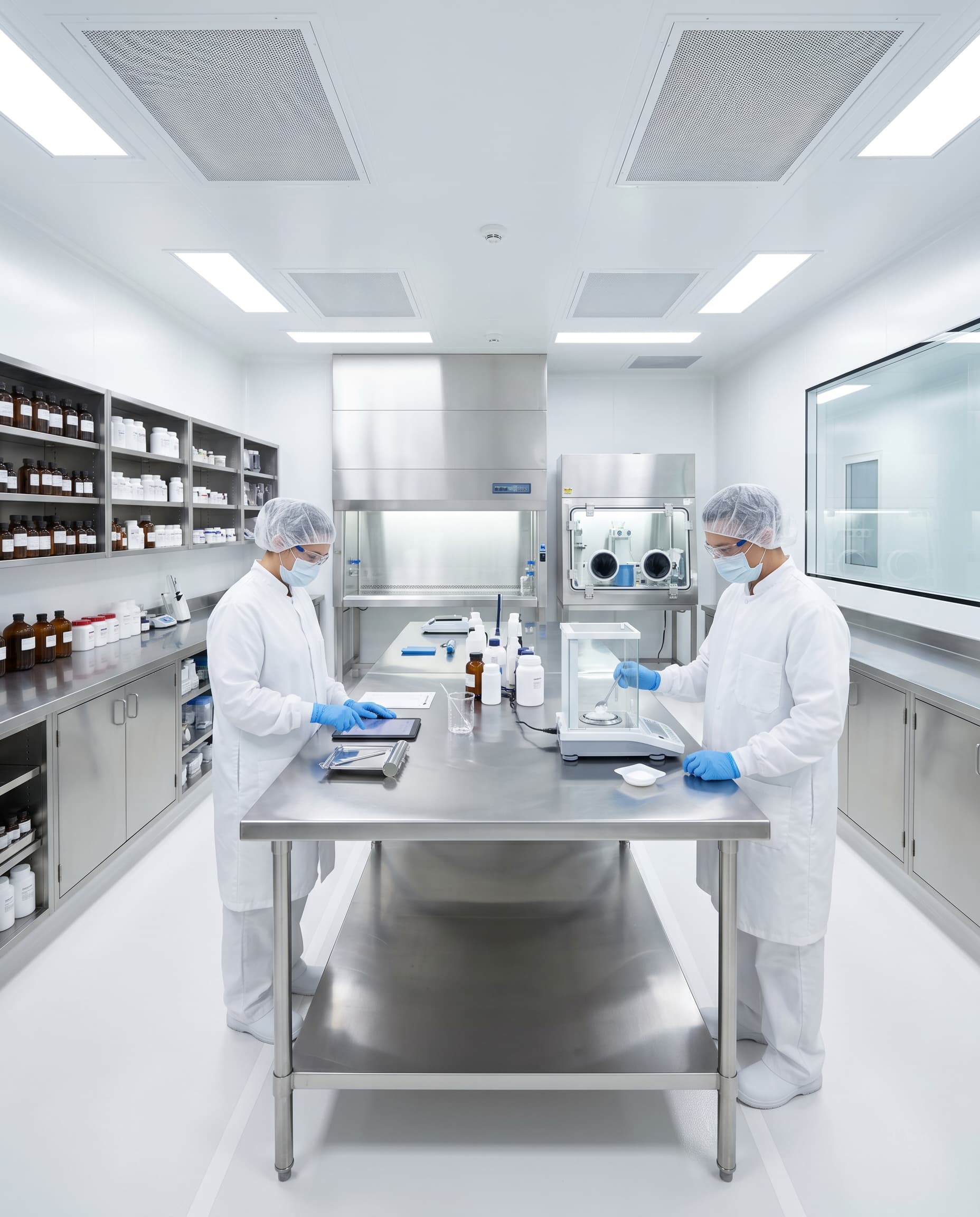 Compounding pharmacy interior with stainless workstations