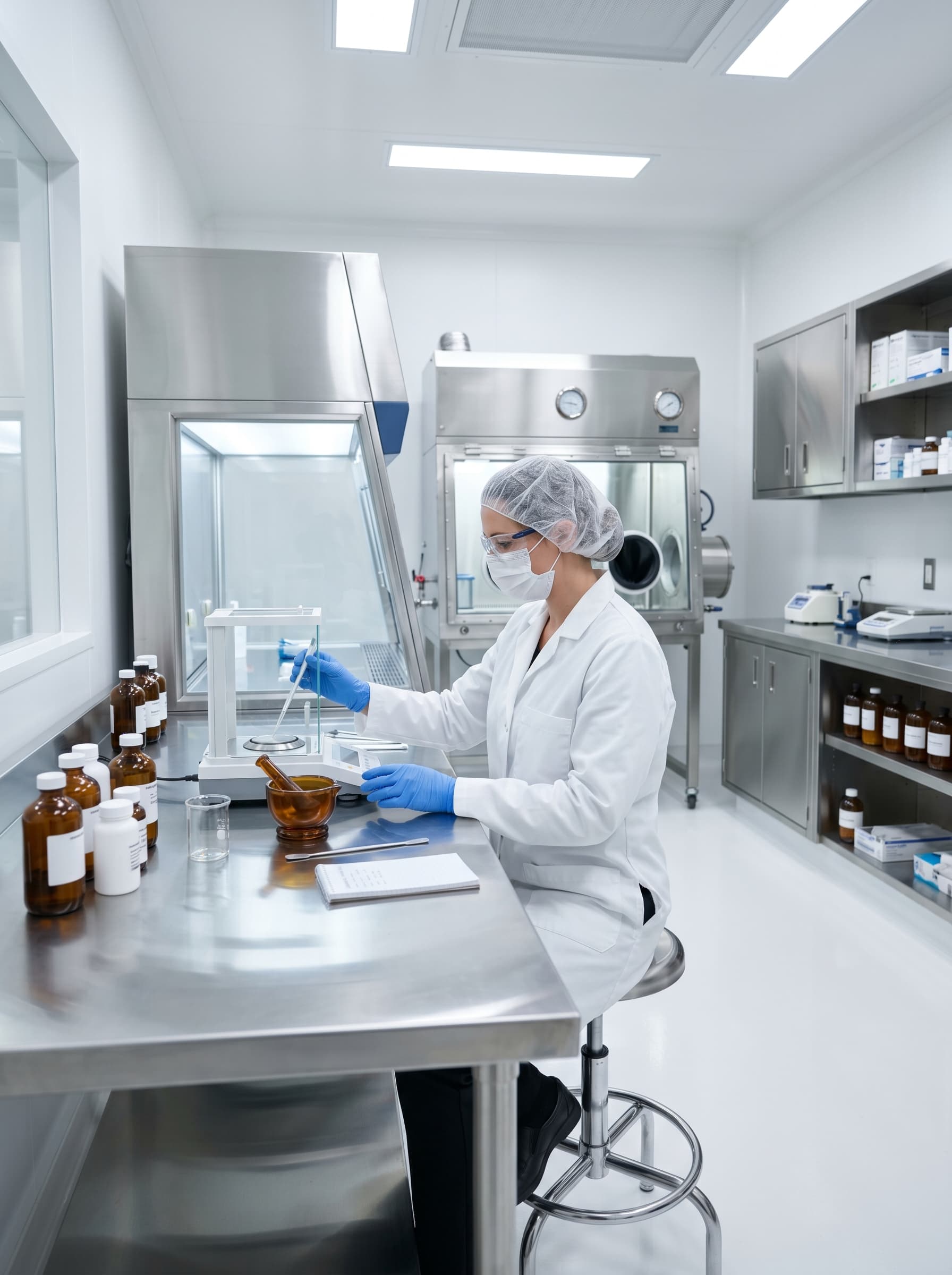 Pharmacist hand-labeling a compounded amber vial in golden natural light